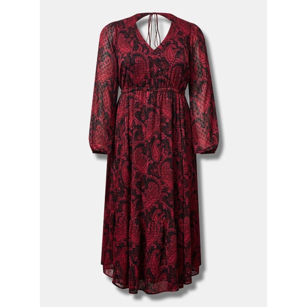 Women’s Red Paisley Midi Dress with Long Sleeves - Picture 5 of 9
